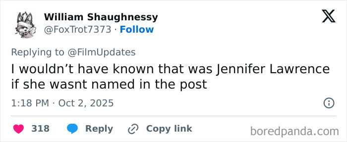Tweet about Jennifer Lawrence’s surprising look that didn’t make sense at Paris Fashion Week 2025. Tweet about Jennifer Lawrence’s surprising look that didn’t make sense at Paris Fashion Week 2025.