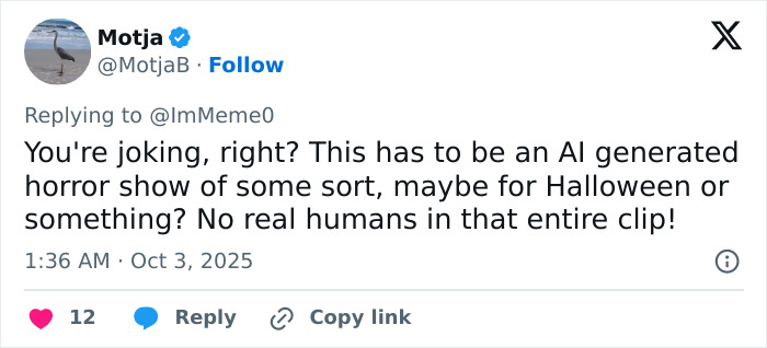 Tweet criticizing a Paris Fashion Week show, calling it an AI-generated horror show with no real humans. Tweet criticizing a Paris Fashion Week show, calling it an AI-generated horror show with no real humans.