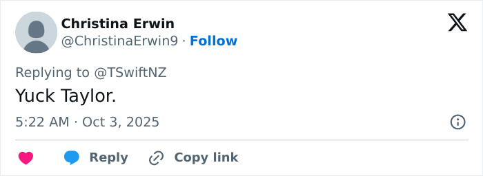 Tweet by Christina Erwin reacting to a song about Travis Kelce's manhood, highlighting fans calling it Taylor Swift's raunchiest track. Tweet by Christina Erwin reacting to a song about Travis Kelce's manhood, highlighting fans calling it Taylor Swift's raunchiest track.