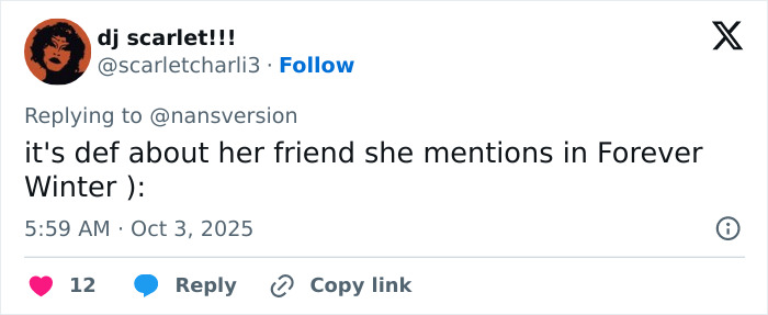 Tweet from dj scarlet discussing Taylor Swift fans reacting to the friend behind Ruin The Friendship not being Blake Lively. Tweet from dj scarlet discussing Taylor Swift fans reacting to the friend behind Ruin The Friendship not being Blake Lively.