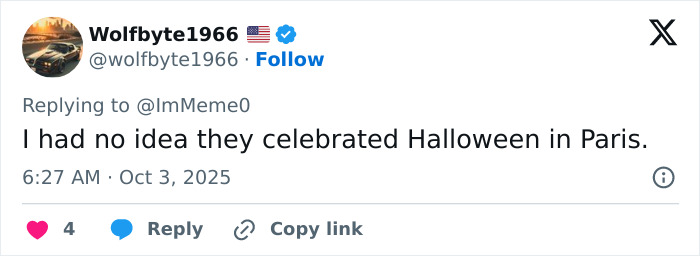 Tweet from user Wolfbyte1966 commenting on Halloween celebrations in Paris, highlighting Paris Fashion Week controversy. Tweet from user Wolfbyte1966 commenting on Halloween celebrations in Paris, highlighting Paris Fashion Week controversy.