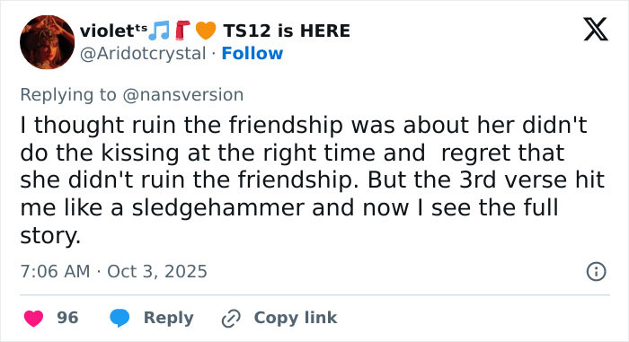 Tweet discussing fan reactions to the meaning behind Taylor Swift's song Ruin The Friendship and its revealed inspiration. Tweet discussing fan reactions to the meaning behind Taylor Swift's song Ruin The Friendship and its revealed inspiration.