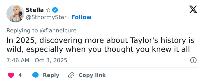 Tweet from a fan discussing new revelations about Taylor Swift’s history surprising many in 2025. Tweet from a fan discussing new revelations about Taylor Swift’s history surprising many in 2025.