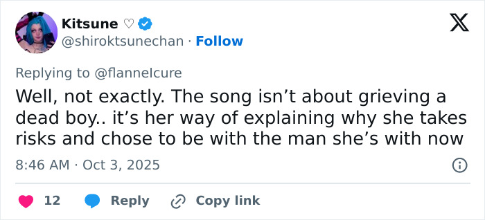 Screenshot of a Twitter reply discussing the meaning behind a Taylor Swift song related to friendship and relationships. Screenshot of a Twitter reply discussing the meaning behind a Taylor Swift song related to friendship and relationships.