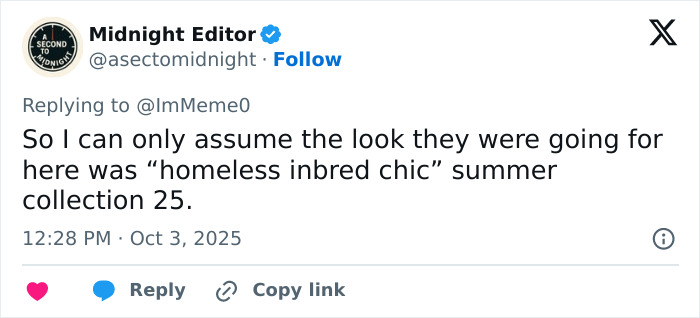 Tweet discussing a controversial fashion look described as homeless inbred chic during Paris Fashion Week. Tweet discussing a controversial fashion look described as homeless inbred chic during Paris Fashion Week.