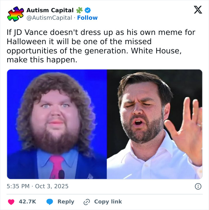 Satirical tweet highlighting a Halloween meme suggestion amid reactions to Melania Trump's White House Halloween display online. Satirical tweet highlighting a Halloween meme suggestion amid reactions to Melania Trump's White House Halloween display online.