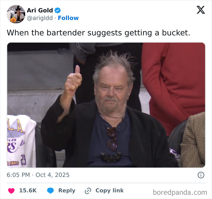 Man with messy hair and glasses giving thumbs up, accompanied by a humorous tweet about getting a bucket, Netflix hilarious tweets.