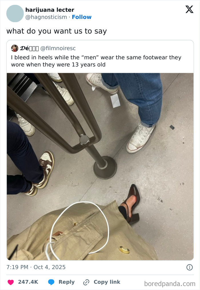 Tweet showing a comparison of footwear styles with heels worn by one person and casual shoes by others on a subway floor.