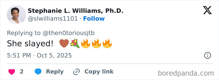 Tweet by Stephanie L. Williams praising a celebrity look at Paris Fashion Week 2025 with heart and fire emojis. Tweet by Stephanie L. Williams praising a celebrity look at Paris Fashion Week 2025 with heart and fire emojis.