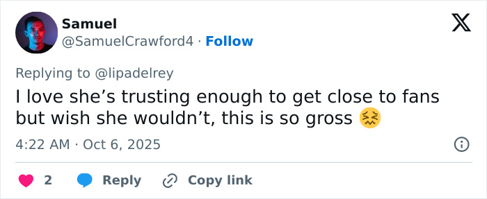 Screenshot of a Twitter reply discussing fan behavior toward Dua Lipa amidst massive outrage over alleged inappropriate touching. Screenshot of a Twitter reply discussing fan behavior toward Dua Lipa amidst massive outrage over alleged inappropriate touching.