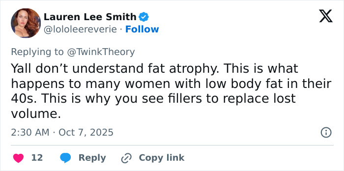 Screenshot of a tweet explaining fat atrophy and facial volume loss in women with low body fat in their 40s related to Mandy Moore’s new look. Screenshot of a tweet explaining fat atrophy and facial volume loss in women with low body fat in their 40s related to Mandy Moore’s new look.