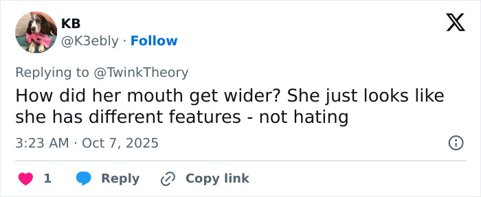 Screenshot of a social media comment discussing Mandy Moore's unrecognizable new look and changed facial features. Screenshot of a social media comment discussing Mandy Moore's unrecognizable new look and changed facial features.