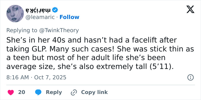 Tweet from user @leamaric discussing Mandy Moore’s appearance, mentioning her age, size, and height 5’11” in response to fan comments. Tweet from user @leamaric discussing Mandy Moore’s appearance, mentioning her age, size, and height 5’11” in response to fan comments.