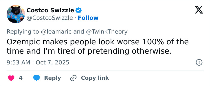 Tweet from verified user criticizing Ozempic, expressing frustration about its effects on appearance. Tweet from verified user criticizing Ozempic, expressing frustration about its effects on appearance.