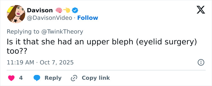 Screenshot of a social media comment questioning if Mandy Moore had upper bleph eyelid surgery. Screenshot of a social media comment questioning if Mandy Moore had upper bleph eyelid surgery.