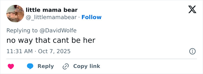 Twitter reply screenshot from user little mama bear expressing disbelief, reacting to Mandy Moore's unrecognizable new look. Twitter reply screenshot from user little mama bear expressing disbelief, reacting to Mandy Moore's unrecognizable new look.