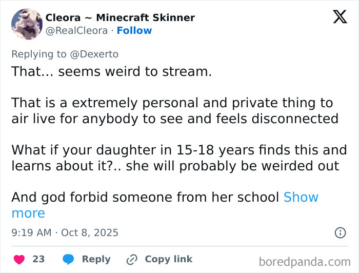 Tweet discussing concerns over a woman giving birth on Twitch livestream sparking a heated debate about privacy. Tweet discussing concerns over a woman giving birth on Twitch livestream sparking a heated debate about privacy.