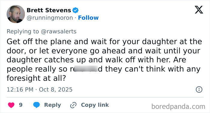 Tweet discussing outrage over woman refusing to let passengers exit plane until her daughter goes first, highlighting insufferable behavior. Tweet discussing outrage over woman refusing to let passengers exit plane until her daughter goes first, highlighting insufferable behavior.