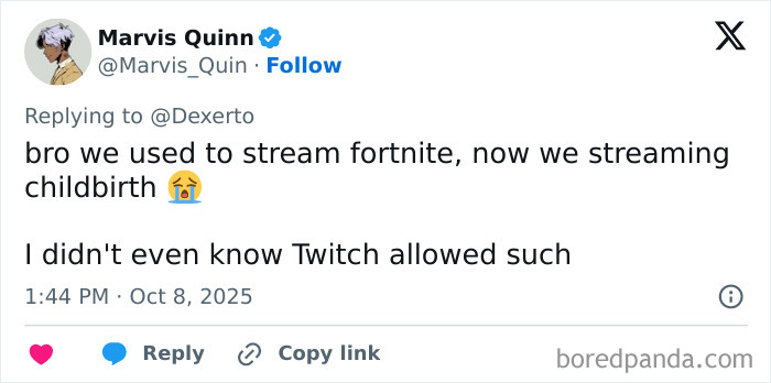 Tweet discussing Twitch livestream of woman giving birth, highlighting surprise and debate about streaming childbirth content. Tweet discussing Twitch livestream of woman giving birth, highlighting surprise and debate about streaming childbirth content.