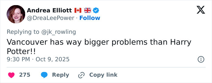 Tweet from Andrea Elliott responding to J.K. Rowling about Harry Potter event organizers and transgender community apology debate. Tweet from Andrea Elliott responding to J.K. Rowling about Harry Potter event organizers and transgender community apology debate.