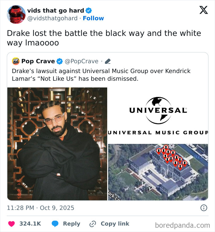 Tweet about Drake’s dismissed lawsuit featuring Universal Music Group logo and aerial view of building, related to Netflix comment section.
