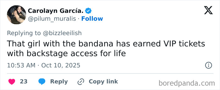 Tweet showing fan praising a girl with a bandana who earned VIP tickets and backstage access at a Billie Eilish Miami concert. Tweet showing fan praising a girl with a bandana who earned VIP tickets and backstage access at a Billie Eilish Miami concert.