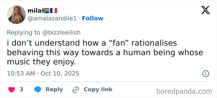 Tweet expressing confusion over fan behavior towards Billie Eilish after a Miami concert incident involving a man trying to snatch her. Tweet expressing confusion over fan behavior towards Billie Eilish after a Miami concert incident involving a man trying to snatch her.