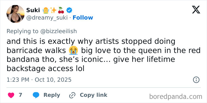 Fan tweet reacting to incident where man tries to snatch Billie Eilish at Miami concert, sparking outrage online. Fan tweet reacting to incident where man tries to snatch Billie Eilish at Miami concert, sparking outrage online.