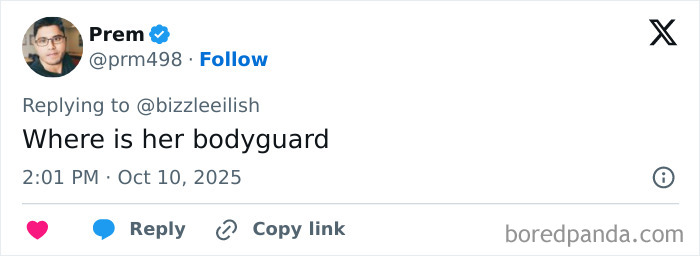 Tweet by user Prem questioning the absence of Billie Eilish’s bodyguard during Miami concert incident. Tweet by user Prem questioning the absence of Billie Eilish’s bodyguard during Miami concert incident.