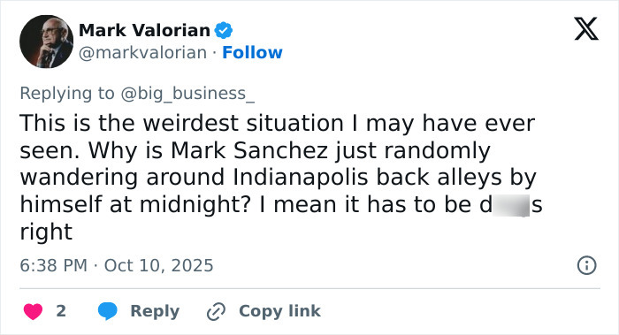 Tweet discussing disturbing Mark Sanchez footage showing bizarre behavior in Indianapolis back alleys before alleged attack on elderly driver