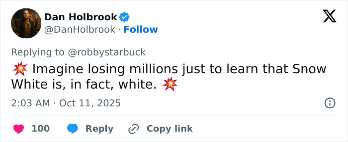 Tweet by Dan Holbrook reacting humorously to Disney’s casting of a white actress in Snow White reboot, sparking DEI controversy. Tweet by Dan Holbrook reacting humorously to Disney’s casting of a white actress in Snow White reboot, sparking DEI controversy.