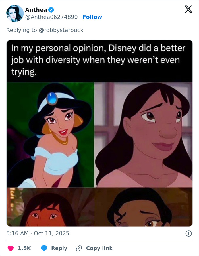 Twitter post showing animated Disney characters with a caption about Disney diversity and casting reactions. Twitter post showing animated Disney characters with a caption about Disney diversity and casting reactions.