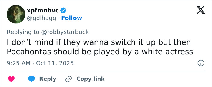 User tweet reacting to Disney casting white actress as Pocahontas in reboot, sparking debates on DEI and casting choices. User tweet reacting to Disney casting white actress as Pocahontas in reboot, sparking debates on DEI and casting choices.