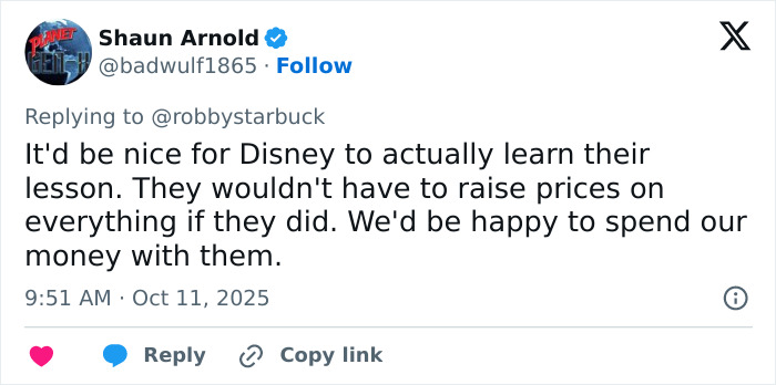 Tweet from Shaun Arnold criticizing Disney for casting choices and raising prices, reflecting public backlash on diversity and inclusion. Tweet from Shaun Arnold criticizing Disney for casting choices and raising prices, reflecting public backlash on diversity and inclusion.