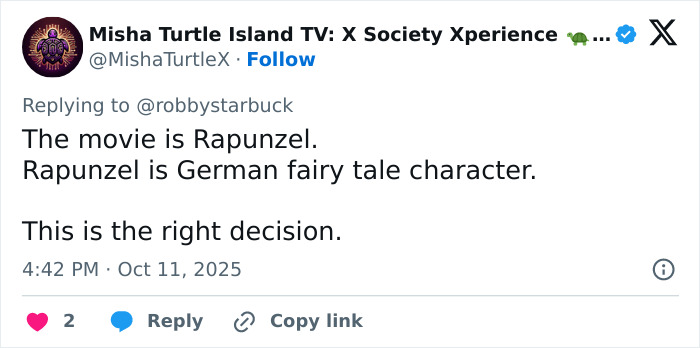 Screenshot of a tweet discussing Disney's casting decision for the Rapunzel reboot and reactions to DEI changes. Screenshot of a tweet discussing Disney's casting decision for the Rapunzel reboot and reactions to DEI changes.