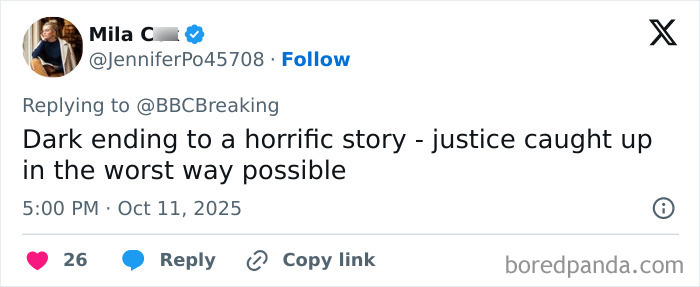 Tweet from Mila C about a dark ending involving a rock star fatally attacked in prison for crimes against children. Tweet from Mila C about a dark ending involving a rock star fatally attacked in prison for crimes against children.
