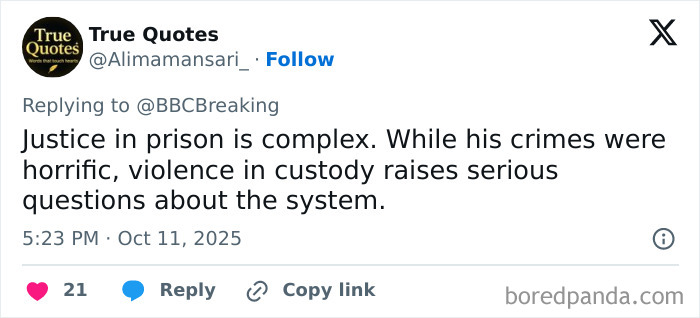 Tweet discussing the complexities of justice and violence in custody involving a rock star fatally attacked in prison. Tweet discussing the complexities of justice and violence in custody involving a rock star fatally attacked in prison.