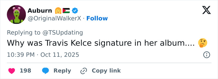 Tweet questioning Travis Kelce autograph on Taylor Swift album, sparking Tradwife fans' furious reaction online. Tweet questioning Travis Kelce autograph on Taylor Swift album, sparking Tradwife fans' furious reaction online.