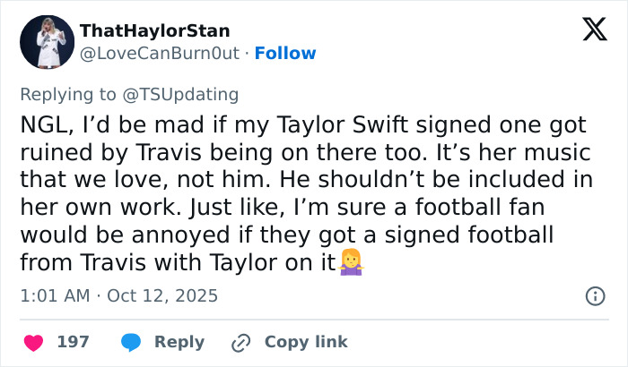 Tweet expressing anger from a Tradwife Taylor Swift fan after Travis Kelce autographed her albums, sparking controversy. Tweet expressing anger from a Tradwife Taylor Swift fan after Travis Kelce autographed her albums, sparking controversy.