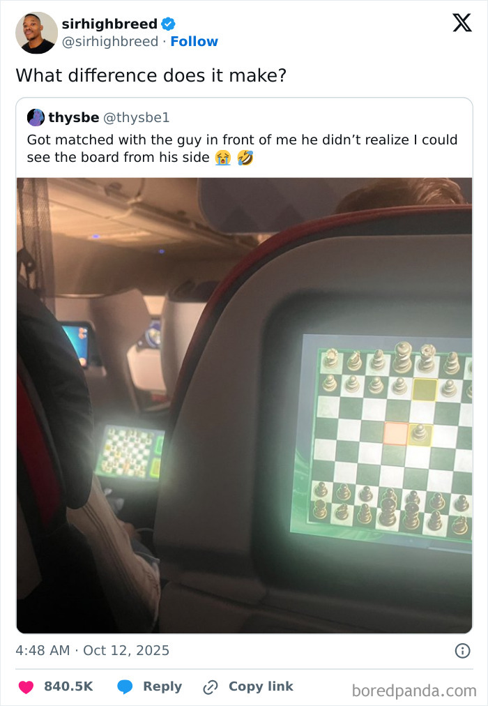 Twitter post showing a humorous tweet about a hidden chess game board visible on an airplane seat screen.