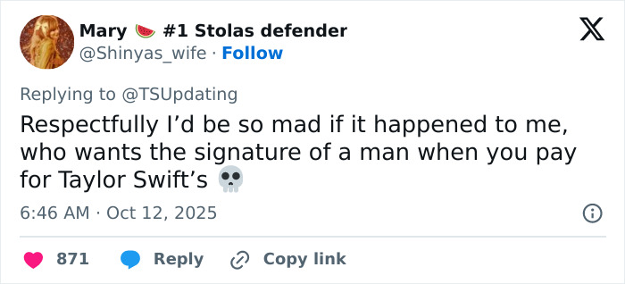 Screenshot of a tweet showing Taylor Swift fans upset about Travis Kelce autographing her albums. Screenshot of a tweet showing Taylor Swift fans upset about Travis Kelce autographing her albums.
