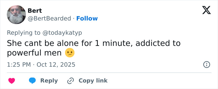 Screenshot of a tweet criticizing Katy Perry's relationships, with a comment on addiction to powerful men. Screenshot of a tweet criticizing Katy Perry's relationships, with a comment on addiction to powerful men.