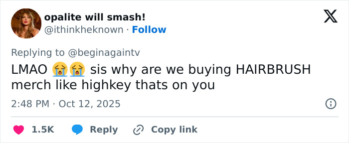 Screenshot of a viral fan post mocking Taylor Swiftâs $40 Life Of A Showgirl hairbrush merch purchase. Screenshot of a viral fan post mocking Taylor Swiftâs $40 Life Of A Showgirl hairbrush merch purchase.