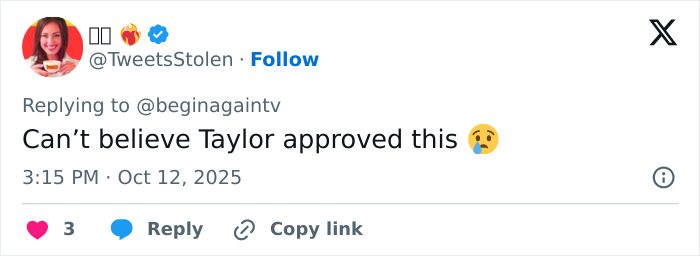 Screenshot of a viral fan post mocking Taylor Swiftâs $40 Life Of A Showgirl hairbrush with a surprised emoji reply. Screenshot of a viral fan post mocking Taylor Swiftâs $40 Life Of A Showgirl hairbrush with a surprised emoji reply.