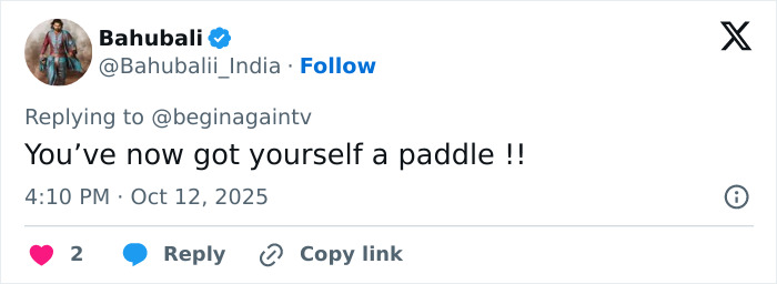 Tweet by user Bahubali replying to beginagaintv with text about a paddle, related to Taylor Swift mocked $40 Life Of A Showgirl hairbrush. Tweet by user Bahubali replying to beginagaintv with text about a paddle, related to Taylor Swift mocked $40 Life Of A Showgirl hairbrush.