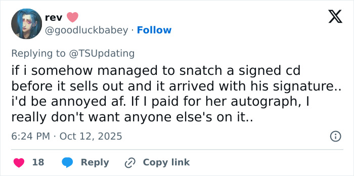 Screenshot of a Twitter user expressing frustration over Travis Kelce autographing Taylor Swift albums, sparking tradwife fan outrage. Screenshot of a Twitter user expressing frustration over Travis Kelce autographing Taylor Swift albums, sparking tradwife fan outrage.