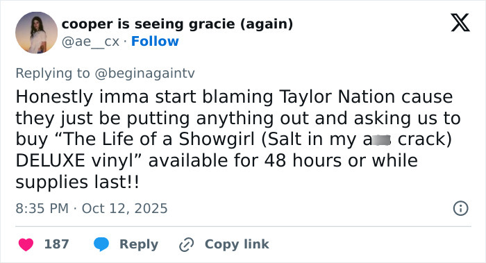 Fan tweet mocking Taylor Swift's $40 Life Of A Showgirl hairbrush for pricey merchandise and viral reaction. Fan tweet mocking Taylor Swift's $40 Life Of A Showgirl hairbrush for pricey merchandise and viral reaction.