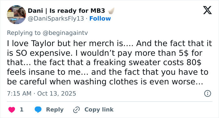Tweet criticizing Taylor Swift Life Of A Showgirl hairbrush, calling the $40 merch overpriced and comparing it to an $80 sweater. Tweet criticizing Taylor Swift Life Of A Showgirl hairbrush, calling the $40 merch overpriced and comparing it to an $80 sweater.