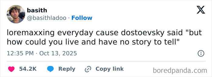 Screenshot of a humorous tweet referencing Dostoevsky, featured in Netflix gotta add a comment section October tweets.