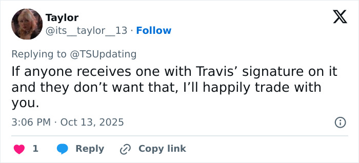 Tweet from a Taylor Swift fan offering to trade albums signed by Travis Kelce, sparking tradwife fan reactions. Tweet from a Taylor Swift fan offering to trade albums signed by Travis Kelce, sparking tradwife fan reactions.